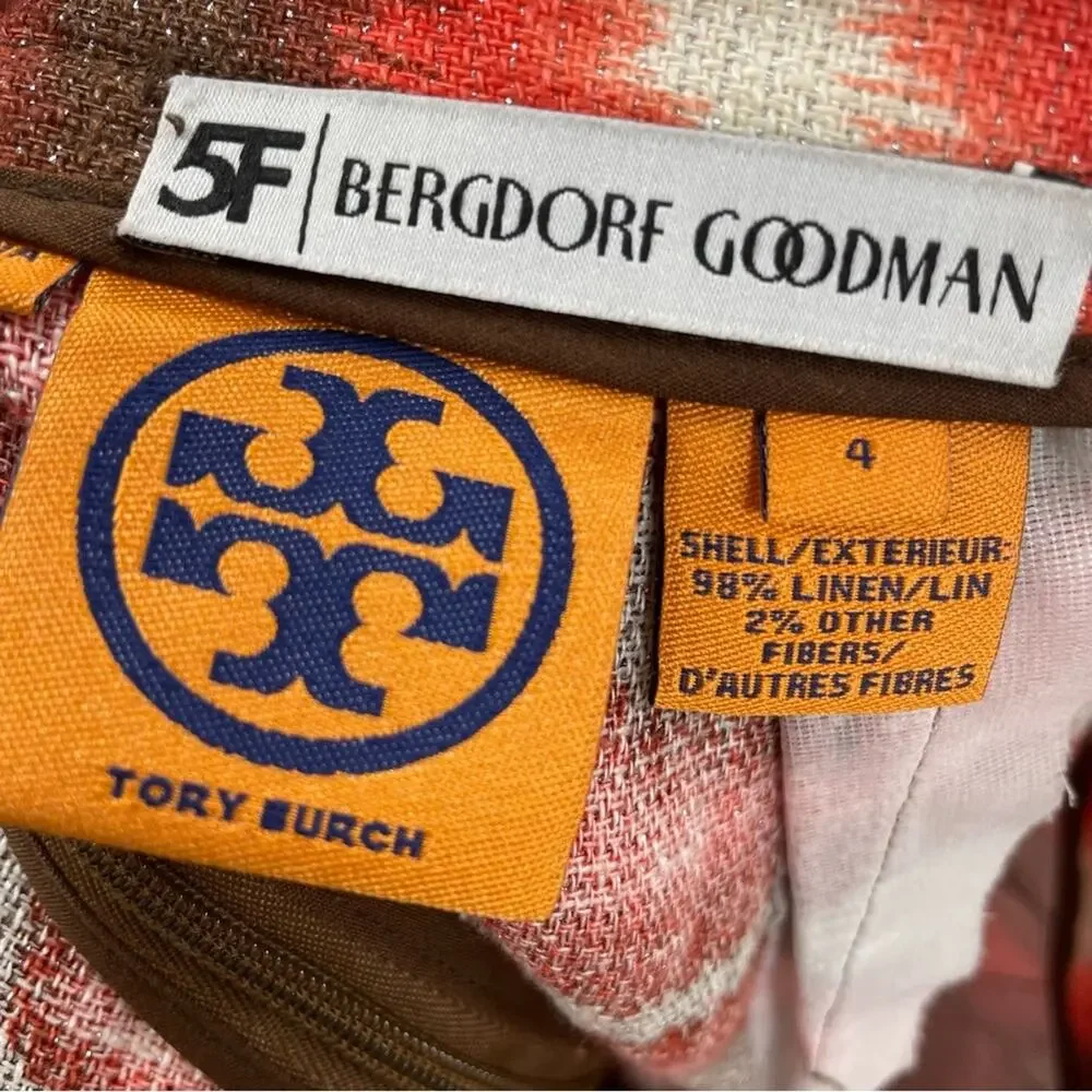 Tory Burch X Bergdorf Goodman Orange & Brown Linen Pleated Mini Skirt Womens 4